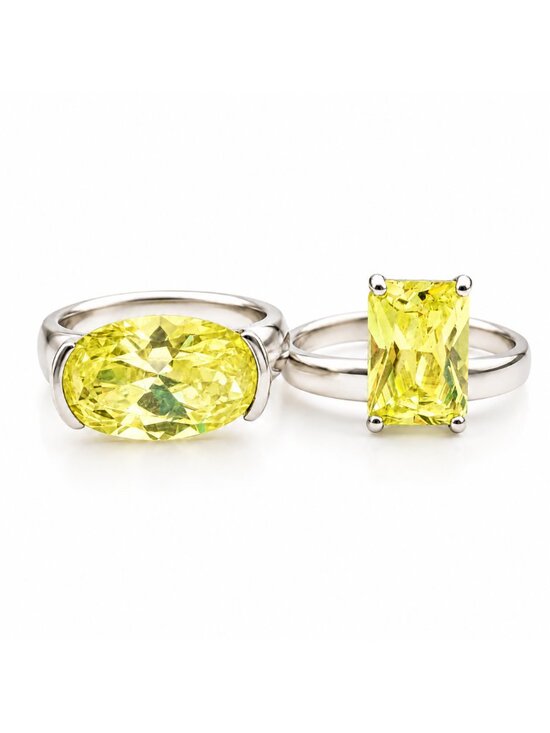 Vintage Jewelry - Sterling Silver Man Made Lemon Quartz Rings Set Size 7 & 7.5 Yellow Silver Pair